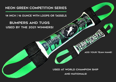 The Dock Diving Bumper Tug - Competition Series Weighted - Neon Green Camo by Bulletproof Pet Products Inc features end loops, bold branding, and is ideal for dock diving, as used by 2021 world champions.