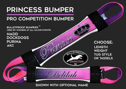 The Bulletproof Pet Products Inc Dock Diving Bumper Tug - Competition Series Weighted - Princess, a pink and purple dog toy with black handles and Princess cursive text, appears on a black background with product info and the Bulletproof Competition badge.