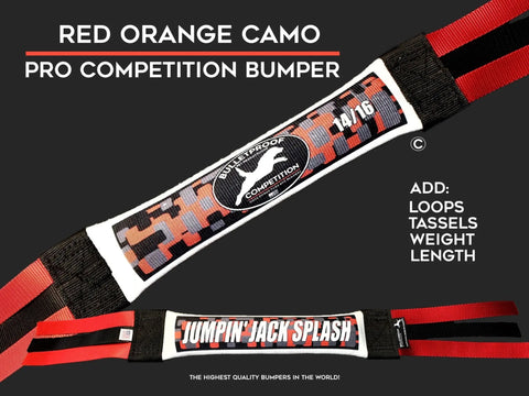 The Dock Diving Bumper Tug - Competition Series Weighted in Reddish Orange Camo by Bulletproof Pet Products Inc features Pro Competition and Jumpin’ Jack Splash labels, red/black straps, and customizable options—perfect for dog training.