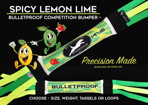 A vibrant promo for Bulletproof Pet Products Incs Dock Diving Bumper Tug – Competition Series Weighted in Spicy Lemon Lime, featuring two cartoon fruits, green-yellow designs, bold feature highlights, and customization options.
