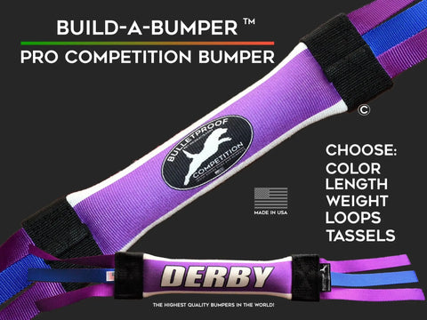 The Dock Diving Bumper Tug - Competition Series Weighted by Bulletproof Pet Products Inc in purple with “DERBY” text features adjustable straps, options for color, length, weight, loops, tassels, and sports a “Made in USA” symbol.