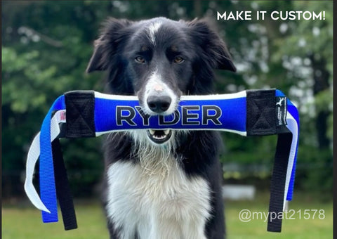 A black and white dog holds a blue and white Bulletproof Pet Products Inc Dock Diving Bumper Tug - Competition Series Weighted (customized with “RYDER”) outdoors amid greenery. Text: MAKE IT CUSTOM! @mypat21578 appears at the lower right.