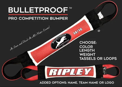 Two Bulletproof Pet Products Inc Dock Diving Bumper Tug - Competition Series Weighted toys are shown, one with a logo and one personalized as RIPLEY. The image displays options for color, length, bumper weight, tassels/loops, and custom name/logo.