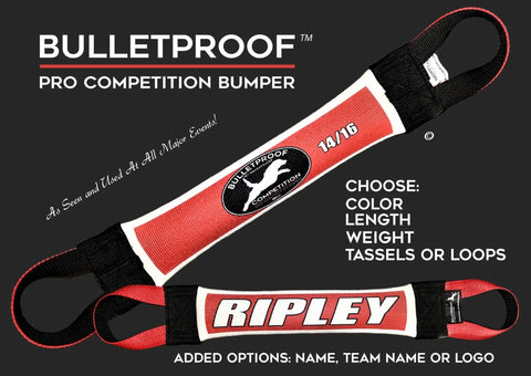 Two Dock Diving Bumper Tugs – Competition Series Weighted by Bulletproof Pet Products Inc are shown. Features: color, length, weight, tassels/loops, and custom options. One bumper displays “RIPLEY.”.