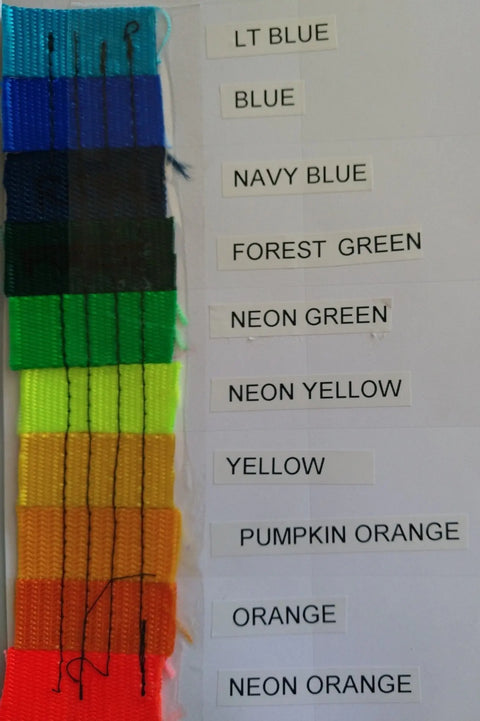 Nine vibrant fabric swatches from blue to orange are shown in a column for the customizable Dock Diving Bumper Tug - Competition Series Weighted by Bulletproof Pet Products Inc, pairing perfectly with their gear.