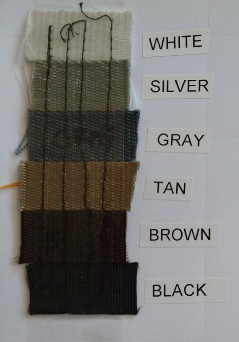 Six fabric swatches in vertical rows, labeled WHITE, SILVER, GRAY, TAN, BROWN, and BLACK—with printed tags beside each—ideal for selecting colors for your custom Dock Diving Bumper Tug by Bulletproof Pet Products Inc.