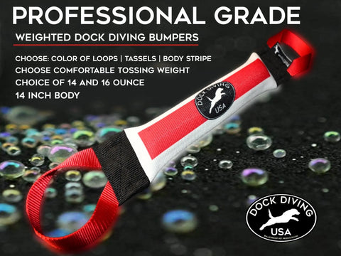 The Dock Diving Bumper Tug - Competition Series Weighted by Bulletproof Pet Products Inc is shown in red, white, and black with a handle on a dark background with bubbles. Text highlights custom dog tug features and the Dock Diving USA logo appears in the lower right.