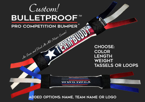 Two customizable Dock Diving Bumper Tug - Competition Series Weighted toys from Bulletproof Pet Products Inc are shown, each with colored rope or tassel ends and personalized labels: TEAM BUDDY and WWG1WGA in stars and stripes designs.
