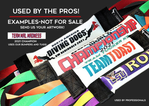 Dock Diving Bumper Tug - Competition Series Weighted by Bulletproof Pet Products Inc shown with custom team names and logos on a black background; samples are not for sale, but custom artwork is welcome.