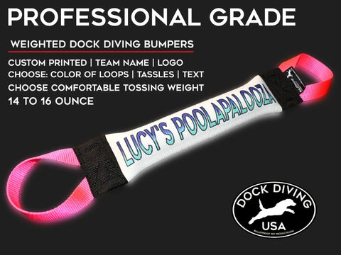 The Bulletproof Pet Products Inc Dock Diving Bumper Tug - Competition Series Weighted features pink loops, LUCYS POOLAPALOOZA text, a Dock Diving USA logo on black, plus product details and customizable dog tug options.