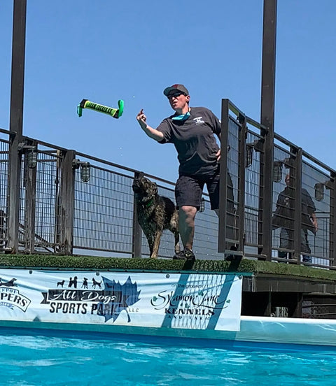 A person tosses a Bulletproof Pet Products Inc Dock Diving Bumper Tug - Competition Series Weighted - Customizable into a pool as a German Shepherd gets ready to dive in after it during a dock diving event under sunny skies.