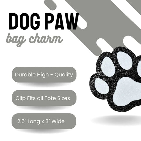 Promotional image for Chatelet Manufacturing’s FRESHe BAGLETS Dog Paw Charm—a black and white paw-shaped accessory, made in the USA—shows its durable design and universal clip that fits Bogg Bags, Simply Southern, and more. Size: 2.5 x 3.