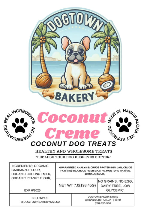 Illustrated flyer for Dogtown Bakery shows a cartoon French bulldog on the beach. Highlights Coconut Creme Biscuits—Hawaiian-made, organic, hypoallergenic, grain-free dog treats with all-natural ingredients and nutrition info.