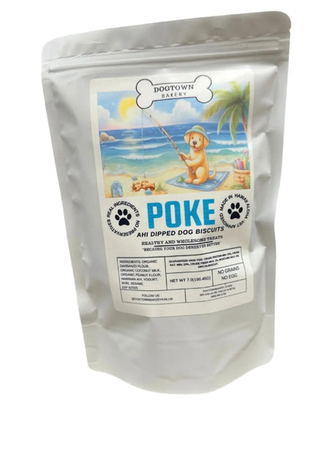 A silver pouch labeled Dogtown Bakery Poke Biscuit shows a dog fishing on a tropical beach and highlights organic, natural treats with Omega-3s. The packaging notes: No grains, no egg.