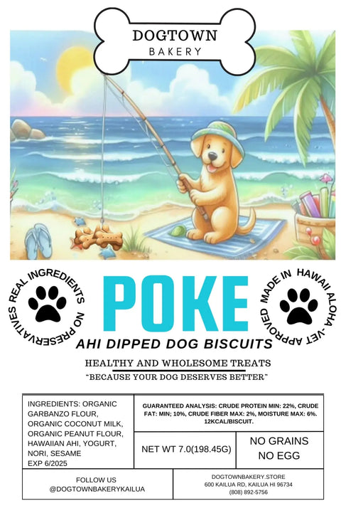 A promotional flyer for Dogtown Bakery’s Poke Biscuit features a cartoon dog fishing, highlights organic grain-free ingredients with Omega-3s, displays nutrition info, and includes bakery contact details. These treats are healthy for your dog.