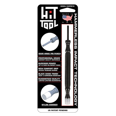 Packaging for the Hammerless Impact Technology Door Hinge Pin Remover & Installer (Nylon) features a product image, comfort grip, black oxide finish, and US flag—offering superior power for professional hinge pin removal and installation.