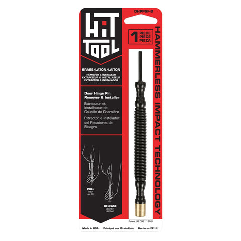 Red and black packaging for the Hammerless Impact Technology Door Hinge Pin Remover & Installer (Brass), featuring a long black impact tool with brass tip, product instructions, and multilingual descriptions. Highlights HAMMERLESS IMPACT TECHNOLOGY.