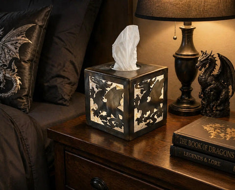 Dragon-Themed Tissue Box Holder – Rustic Metal Bathroom Accessory | Made in USA Knights Home Decor  item