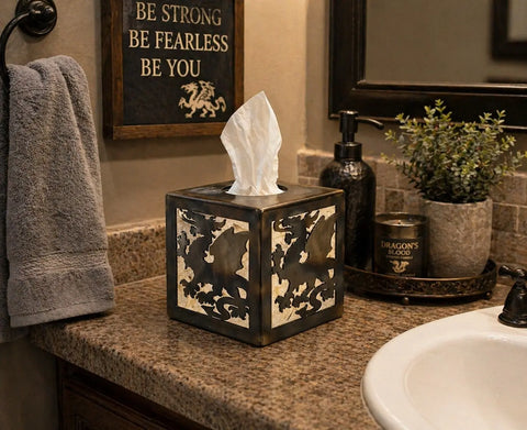 Dragon-Themed Tissue Box Holder – Rustic Metal Bathroom Accessory | Made in USA Knights Home Decor  item