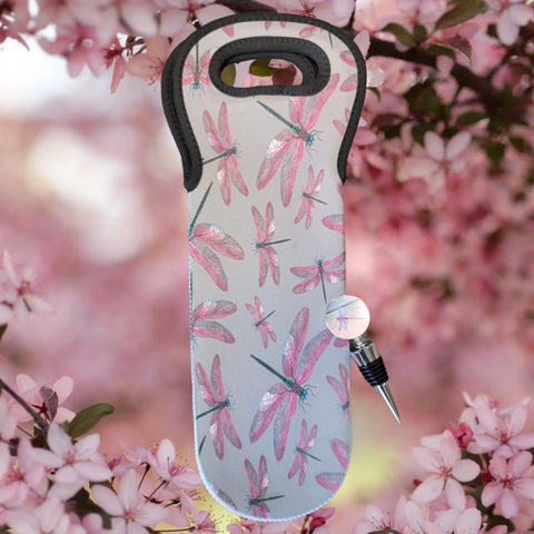 Dragonfly Neoprene Wine Tote and Decorative Bottle Stopper Set – Insulated Summer Wine Carrier | Made in USA Michelle Marie Boutique  Wine Carrier Bags