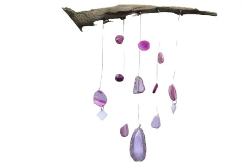 Driftwood Wall Hanging With Natural Pink Agate Geodes – Rustic Home Decor | Made in USA Michelle Marie Boutique  Wind Chimes