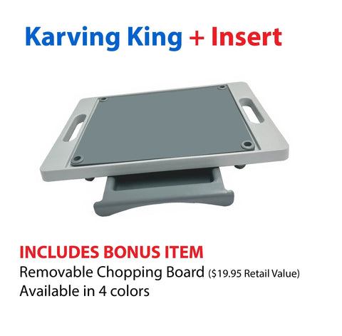 A gray Karving King Dripless Cutting Board 2 in 1 System with handles and a removable insert sits on a stand. Text above reads Karving King. Below: Includes bonus removable carving board, available in 4 colors.