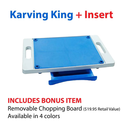 A white and blue Dripless Cutting Board 2 in 1 System by Karving King with handles and a removable blue insert is shown. Includes a bonus removable board ($19.95 value) and is available in four colors. Text: Karving King + Insert.
