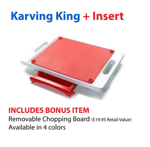 The Karving King Dripless Cutting Board 2 in 1 System features a white and red design, removable insert, handles, and drip tray. Bonus: Removable Chopping Board ($19.95 value). Available in 4 colors. Text reads: Karving King + Insert.