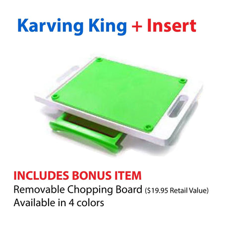 A white Karving King Dripless Cutting Board 2 in 1 System with a bright green removable insert is shown. Includes a bonus detachable drip tray cutting board, available in four colors.