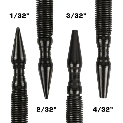 Four black Hammerless Impact Technology Pro Finish Kit dual head nail setters are displayed vertically, labeled 1/32, 2/32, 3/32, and 4/32. Each varies in thickness and length for precise finish carpentry.