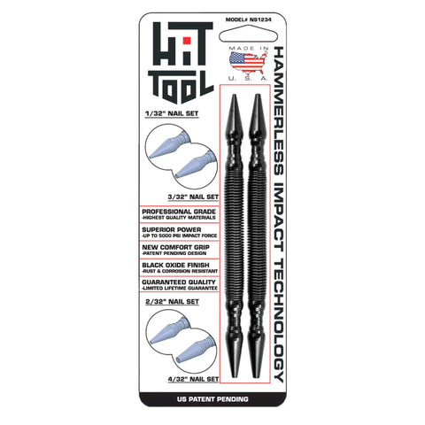 Product packaging for the Pro Finish Kit (Dual Head Nail Setters) by Hammerless Impact Technology, featuring comfort grip, hammerless action, US patent info—ideal for finish carpentry and proudly American-made.