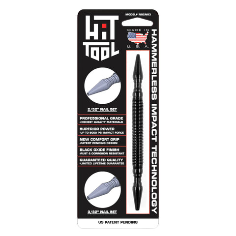 Retail packaging for Combo Number 23 (Dual Head Nail Setter) by Hammerless Impact Technology highlights features like professional grade, superior power, comfort grip, black oxide finish, guaranteed quality, and includes tool images and nails.