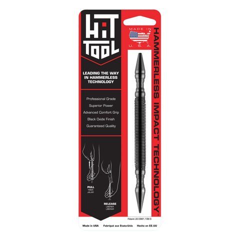 Red and white packaging for the Hammerless Impact Technology #1 Nail Starter and Setter shows the tool, use diagrams, and features like professional grade quality, superior power, nail setting function, and hammerless impact. Made in the USA.
