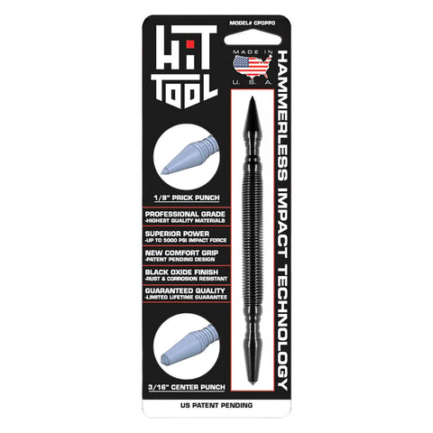 Retail packaging for the Hammerless Impact Technology Center and Prick Punch, featuring a dual tipped tool with comfort grip, black oxide finish, and two interchangeable tips—all using advanced hammerless impact technology.