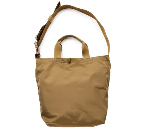 The MIS 2 Way Shoulder Bag in Coyote Brown is a USA-made, water-resistant tote crafted from durable packcloth nylon, featuring two short handles and an adjustable shoulder strap, shown on a white background.