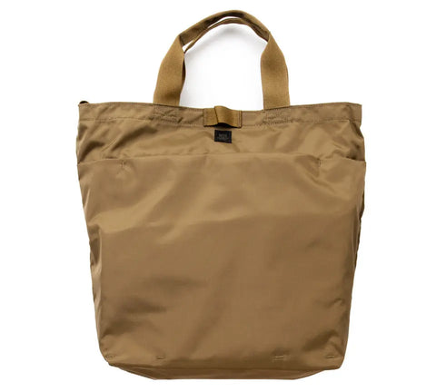 The MIS 2 Way Shoulder Bag in Coyote Brown is a water-resistant packcloth nylon tote with sturdy handles and a minimalist design, shown against a white background.