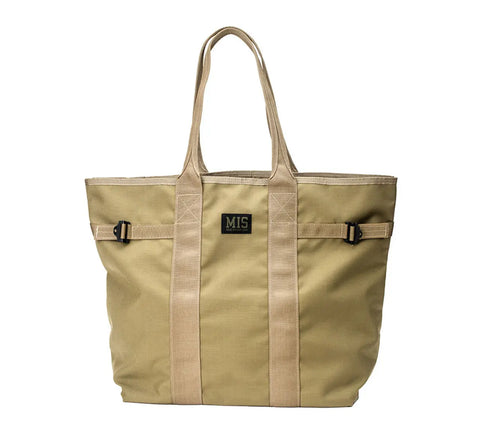 The MIS Multi Tote Bag in Coyote Tan features two long handles, dual front buckle straps, multiple pockets, and a front black patch label with the MIS logo.