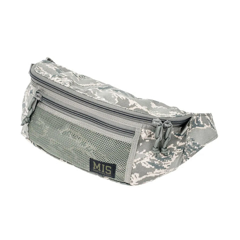 The MIS Mesh Waist Bag - ABU Camo is a gray camo, water-resistant waist pack with a front mesh pocket, zippered compartments, and an MIS logo patch. Made in the USA from durable Cordura Nylon for lasting quality.