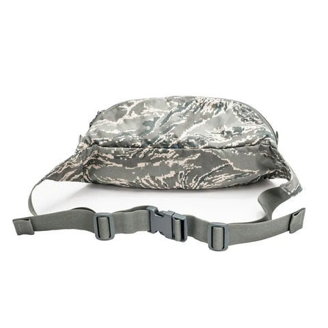 The MIS Mesh Waist Bag - ABU Camo is a water-resistant Cordura Nylon waist pack with a camo pattern, zippered main compartment, and an adjustable gray strap with plastic buckle, shown on a white background.