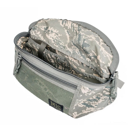 The MIS Mesh Waist Bag - ABU Camo is a durable Cordura Nylon bag, made in the USA, with a zippered pouch, open top, mesh front pocket, inner compartment, and MIS branding. Shown against a white background.