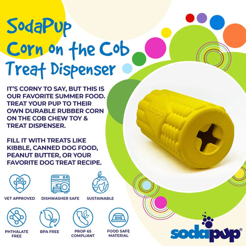 The SodaPup Corn on the Cob EDispenser Durable Rubber Treat Dispenser is shown in yellow, offering tough chew toy design, easy cleaning, and treat compatibility. Icons note it’s vet-approved, dishwasher safe, and sustainable.