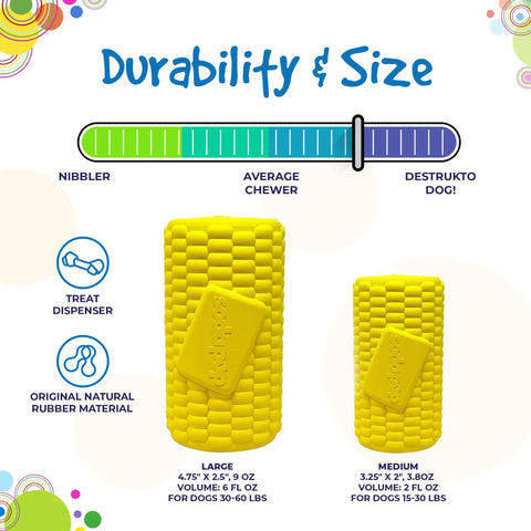 Two yellow SodaPup Corn on the Cob EDispenser Durable Rubber Treat Dispensers (large and medium) are shown with size and weight info. An illustrated scale rates durability from nibbler to destrukto dog. Icons show its made of natural rubber and dispenses treats.