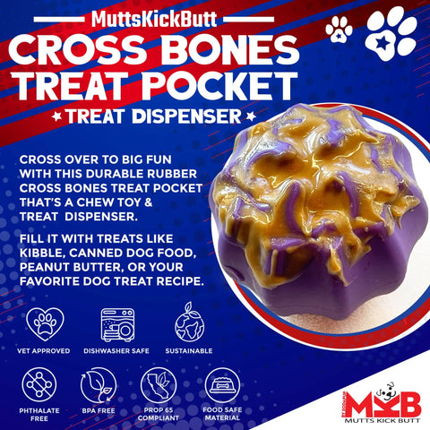 The SodaPup Cross Bones Chew Toy and Treat Pocket, a rubber bone in purple and tan, is perfect for filling with treats. Vet-approved, dishwasher safe, sustainable, and made from safe materials.