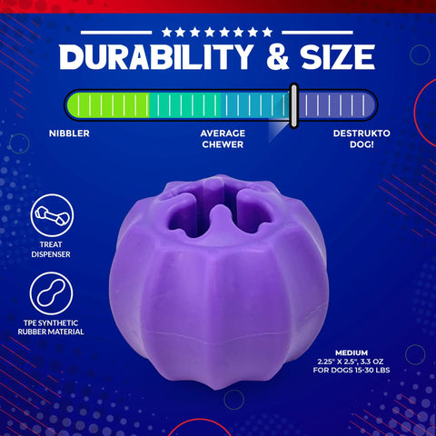 A purple, pumpkin-shaped SodaPup Cross Bones Chew Toy and Treat Pocket sits on a blue background. Its TPE rubber, made for medium dogs (15–30 lbs), and rated for average chewers as a treat-dispensing toy.
