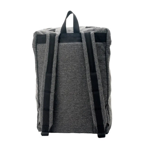 MIS Backpack - Denim Grey, rectangular Cordura Nylon design, shown from the back with two black adjustable straps, a top black handle, and padded laptop holder. Made in USA. Plain white background.