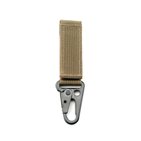 The MIS Duty Key Holder in Coyote Tan features a tough nylon strap with a black metal HK-style spring hook, heavy-duty belt loop, reinforced stitching, and a spring-loaded gate with dual holes for secure attachment to gear or bags.