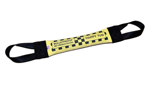 The Happy Fire Hose Training Tug by Bulletproof Pet Products Inc is a yellow and black checkered dog toy with handles on each end—perfect for training, tough play, or as a birthday present!.