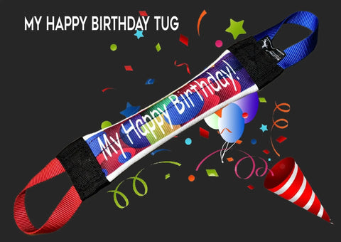 The My Happy Birthday! Fire Hose Training Tug by Bulletproof Pet Products Inc features “My Happy Birthday” text and is surrounded by confetti, balloons, and party decorations on a dark background. The product name appears in the top left corner.