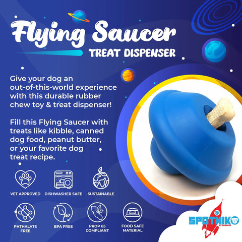The SodaPup Flying Saucer EDispenser is a blue, disc-shaped durable rubber chew toy and treat dispenser for dogs, shown on a space-themed background. Icons note its vet approved, dishwasher safe, sustainable, BPA-free, food safe & Prop 65 compliant.