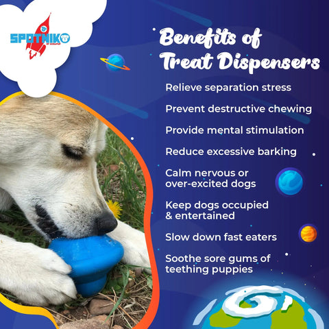 A dog chews on the SodaPup Flying Saucer EDispenser Durable Rubber Chew Toy & Treat Dispenser, which soothes teething, relieves stress, curbs unwanted chewing and barking, provides stimulation, calms dogs, and works as a slow feeder.